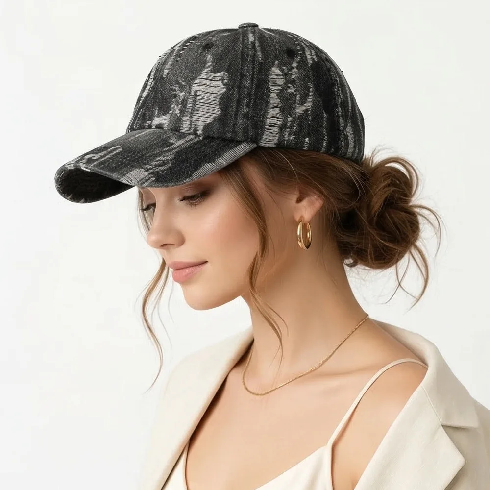 Vintage Distressed Washed Denim Baseball Cap - Trendy Casual Sun-Protective Hat for European and American Streets