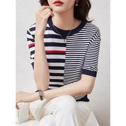 Summer New Color Contrast Short sleeved T-shirt Women's Garden Neck Irregular Stripe Knitted Shirt Women's Top 9020