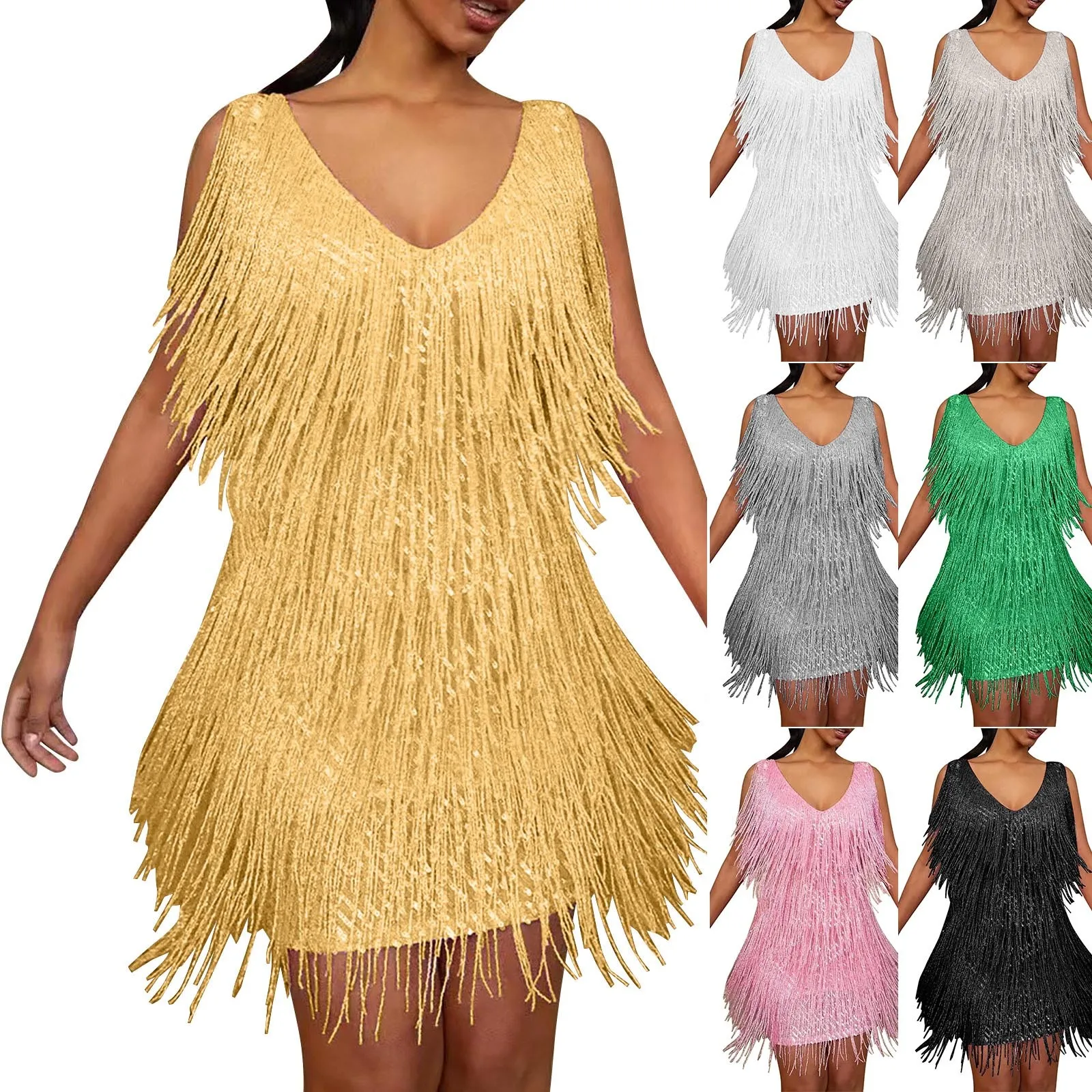 Deep V-Neck Sleeveless Backless Hip Wrap Summer Dress Sexy Women Fringed Sequin Stitching Mini Pencil Club Wear Tassel Vestido 1