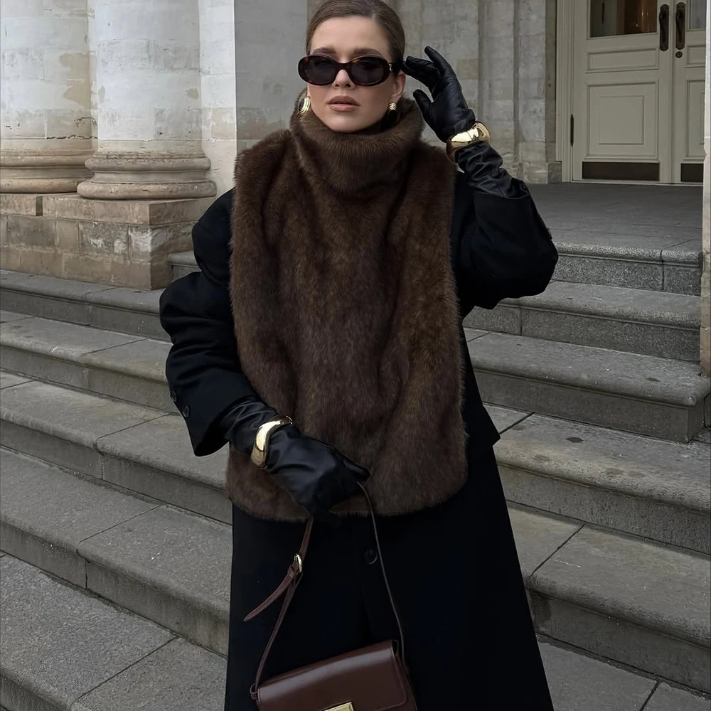 

Talenza Women's 2026 Fashion Faux Fur Sable Vest Crop Top Autumn Winter Turtleneck Eco Mink Fur Tank Tops Sleeveless Jacket Coat