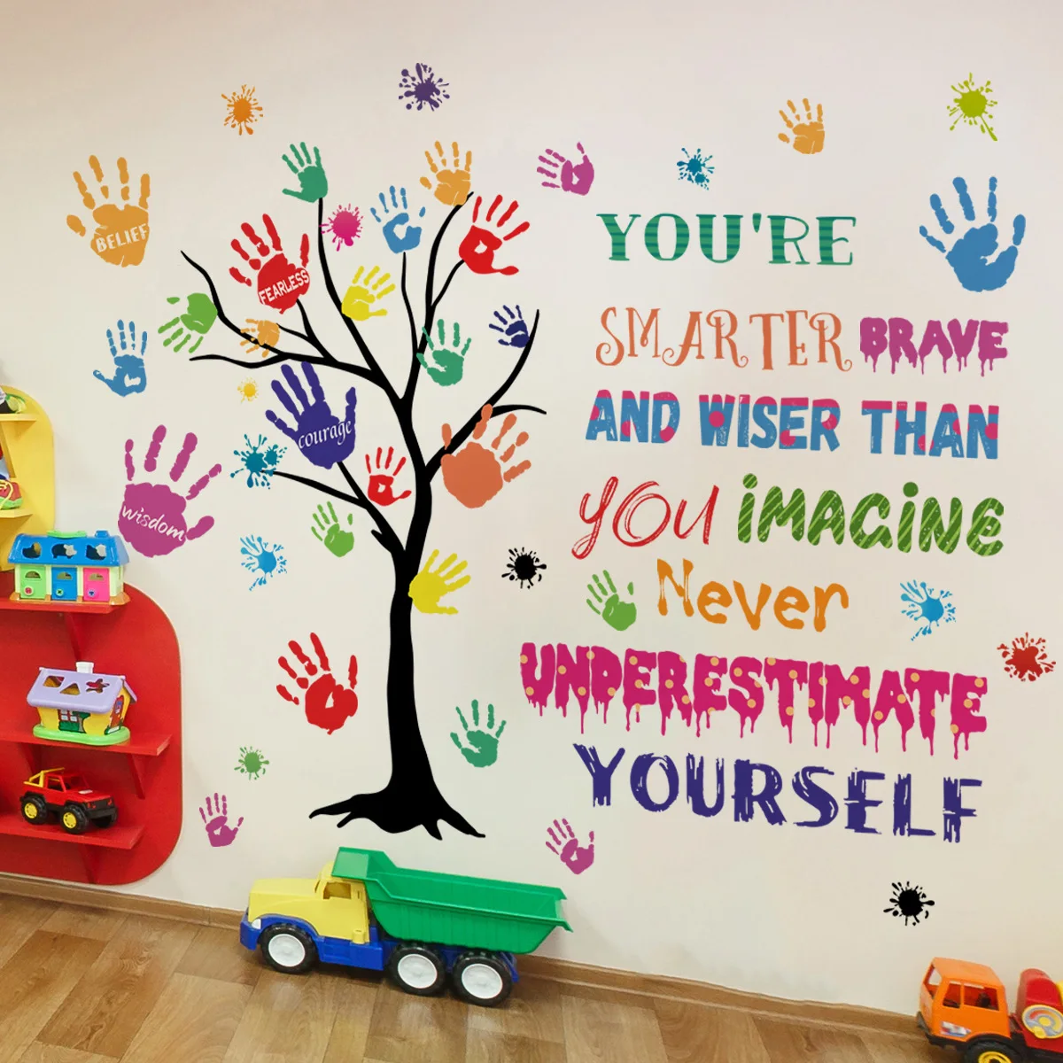 Colorful Handprint Tree Inspirational Phrases Text Wall Stickers for Kids Room Background Wall Decals Living Room Decoration
