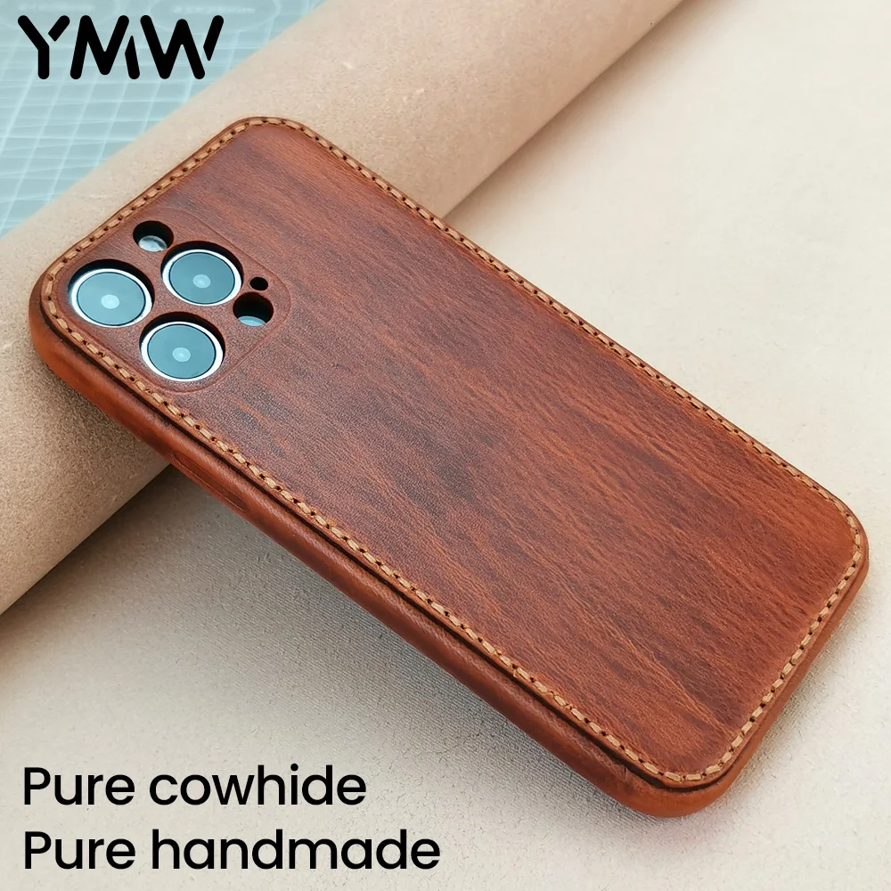 

YMW Pure Handmade Case for iPhone 13 14 Pro Max Retro Vegetable-tanned Leather Phone Cases 12 11 Fashion Luxury Soft Cowhide