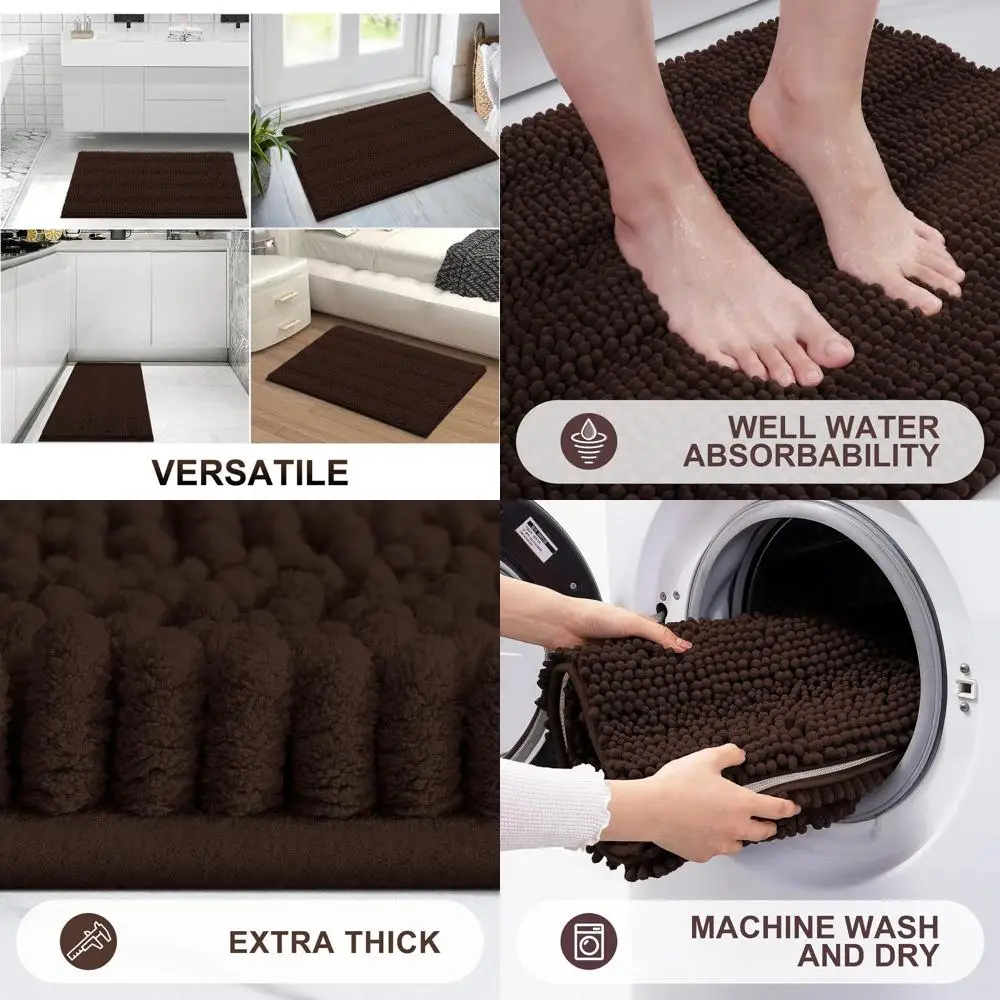 

Thick & Absorbent Chenille Stripe Bath Rugs, 70x24, Non-Slip Shaggy Shower Mat, Machine Washable, Plush Bathroom Carpet, Brown
