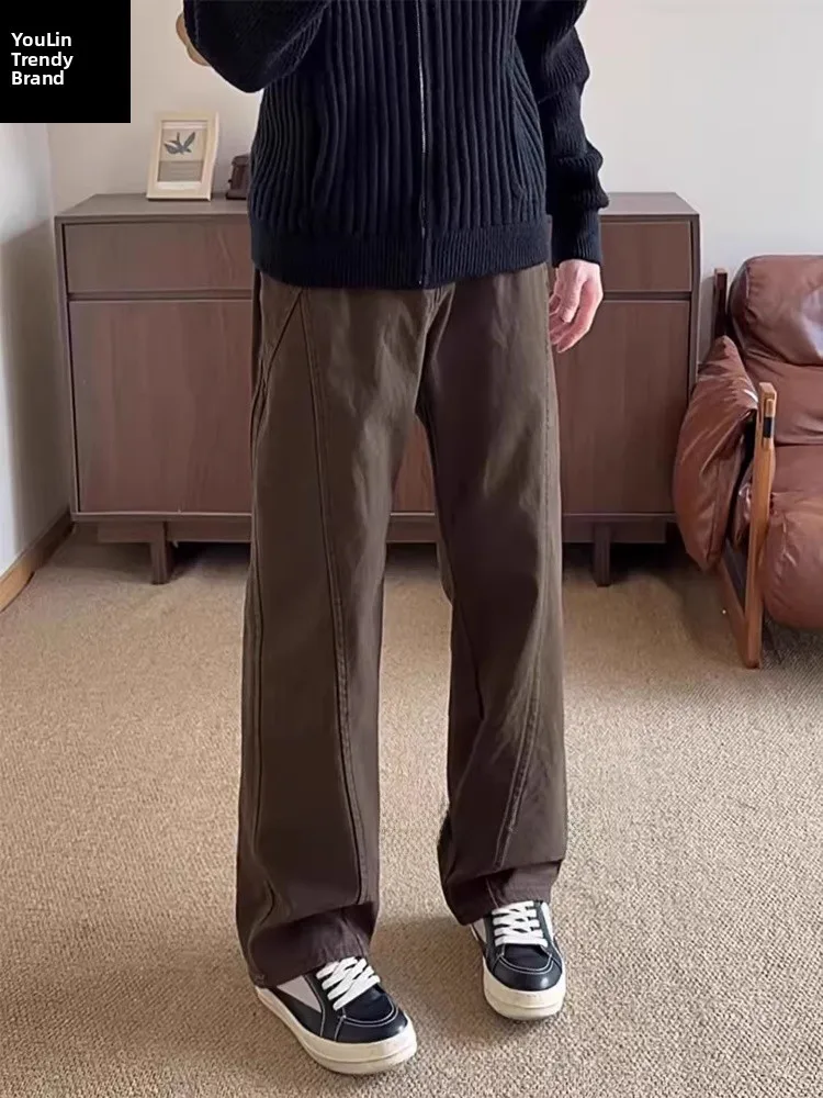 

Café Brown Angle Cut Jeans Men's Thickened Fleece Lined Slim Straight Leg Micro Flared Pants American Retro Workwear