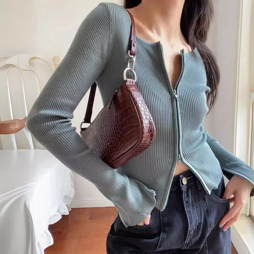 

6959 Autumn Winter New American Style Round Neck Double Zipper Slim Fit Sexy Knitted Cardigan