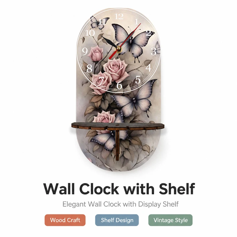 Autumn Butterfly Rose Serenity Timepiece Wooden Wall Clock, Soft Pink Purple Blooms and Fluttering Butterflies Weave a Poetic Sc