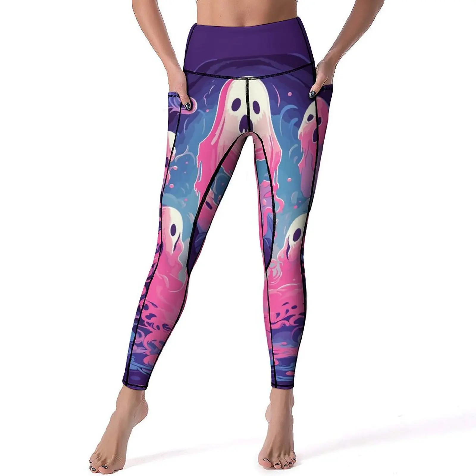 

Pink Ghost Leggings Sexy Cute Halloween Running Yoga Pants High Waist Quick-Dry Sports Tights Pockets Sweet Graphic Leggins