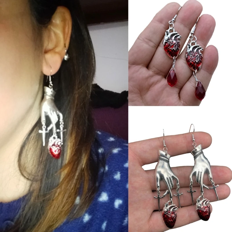 Halloween Themed Earrings Punk Style Ear Rings with Decorative Red Gemstones Charm Trend Jewelry Party Accessories Gift