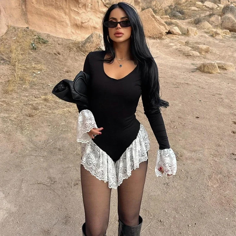 Sexy Lace Splice Playsuits For Women Autumn Winter New Contrast Color Slim High Waist Sexry Rompers Female Fashion