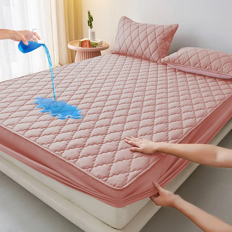 Solid color waterproof fitted sheet three-piece set rhombus lattice machine washable dustproof mattress protective cover