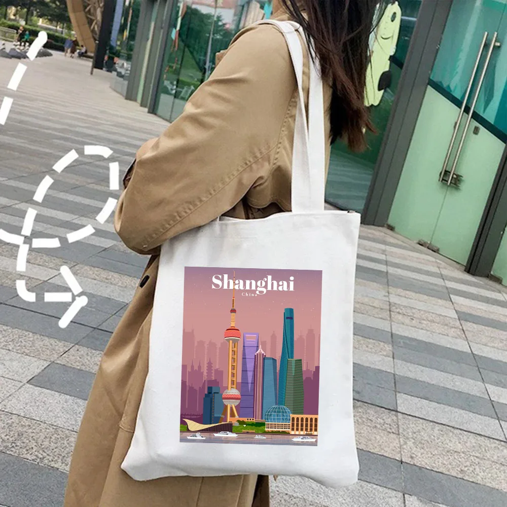 Montreal Mumbai Munich New Delhi Osaka Petra Prague Quebec Rejkjavik Riga Seoul Korea Canvas Shopping Totes Bag Shopper Handbags