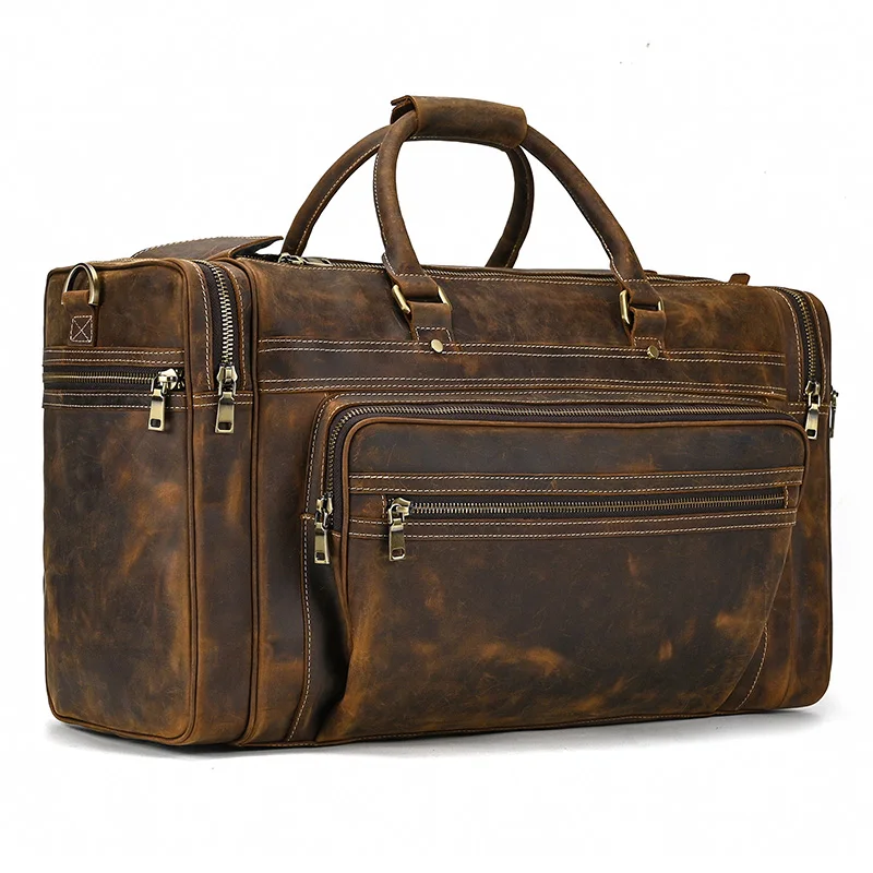 Exlarge – sac de week-end en cuir véritable de 22 pouces pour homme, sacoche de voyage Vintage en cuir de vache avec fermeture éclair, fourre-tout