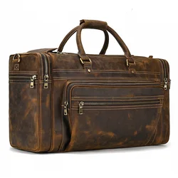 Exlarge – sac de week-end en cuir véritable de 22 pouces pour homme, sacoche de voyage Vintage en cuir de vache avec fermeture éclair, fourre-tout