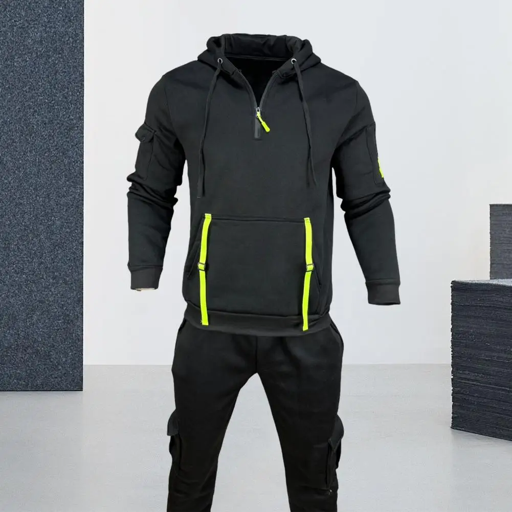 Men Hoodie Men Fall Hoodie Men's Zipper Hoodie with Pocket Strap Detail Solid Color Drawstring Pullover Mid Length for Fall