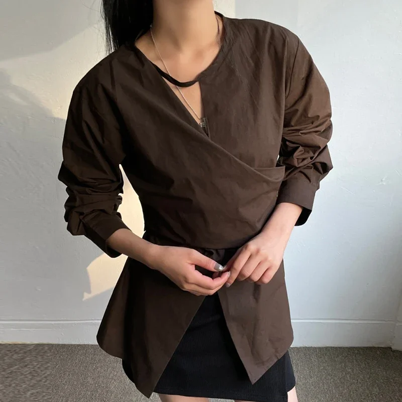 Chic Irregular Shirts Blouses Hollow Out Blusas Mujer Criss Tunic Ropa Mujer Spring New Camisas Korean Fashion Shirt Tops