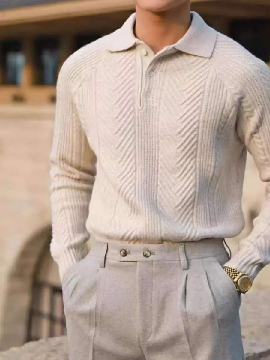 

Мужской осенний повседневный свитер-пуловер с воротником, трикотажный, приталенный, с длинным рукавом, молодежный стиль, осенняя коллекция 2024