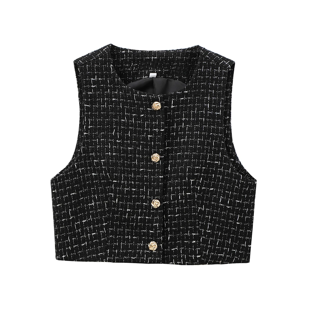 Round Neck Single Breasted Sleeveless Vest Top Short Side Zipper Pants Elegant Black Coarse Weaving Suti Set ZATAF 2024 New