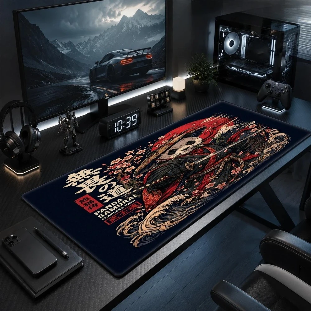 Panda Warrior Large Mouse Pad, with Japanese cherry blossom theme, in traditional anime art style desk accessories