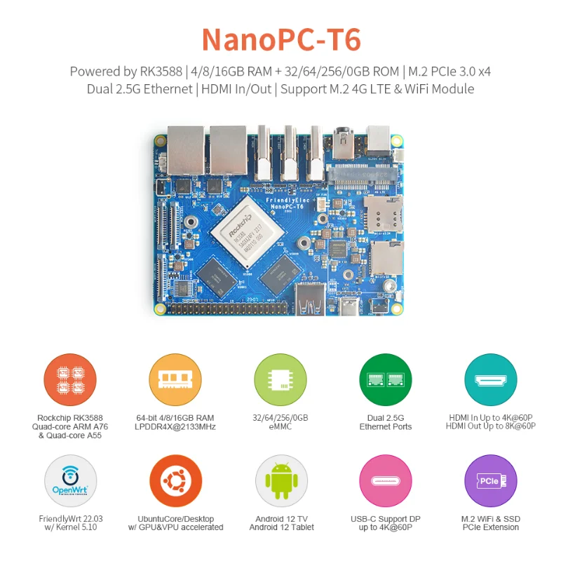 Rexchip RK3588, NanoPC-T64/8/16G Dual, 2,5G, compatible con entrada 4K, 8K, Android 12