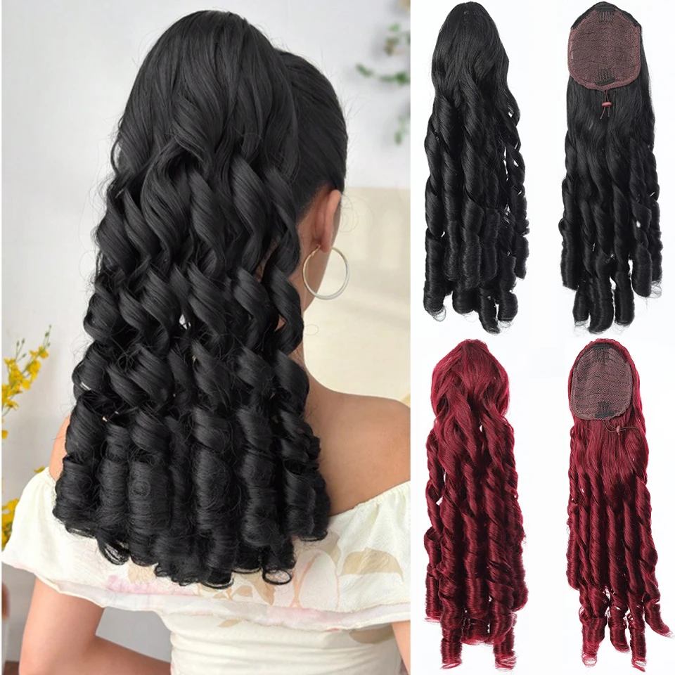 

20-дюймовый римский кудрявый хвостик, парик, синтетический волнистый хвост, наращивание со шнурком и 2 зажима-гребень, кольца, шиньон для женщин