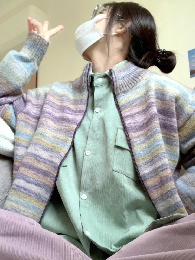Y2k Aesthetic Vintage Knitted Cardigan Striped Contrast Color Japanese 2024 Autumn Loose Grunge Fashion Harajuku Womens
