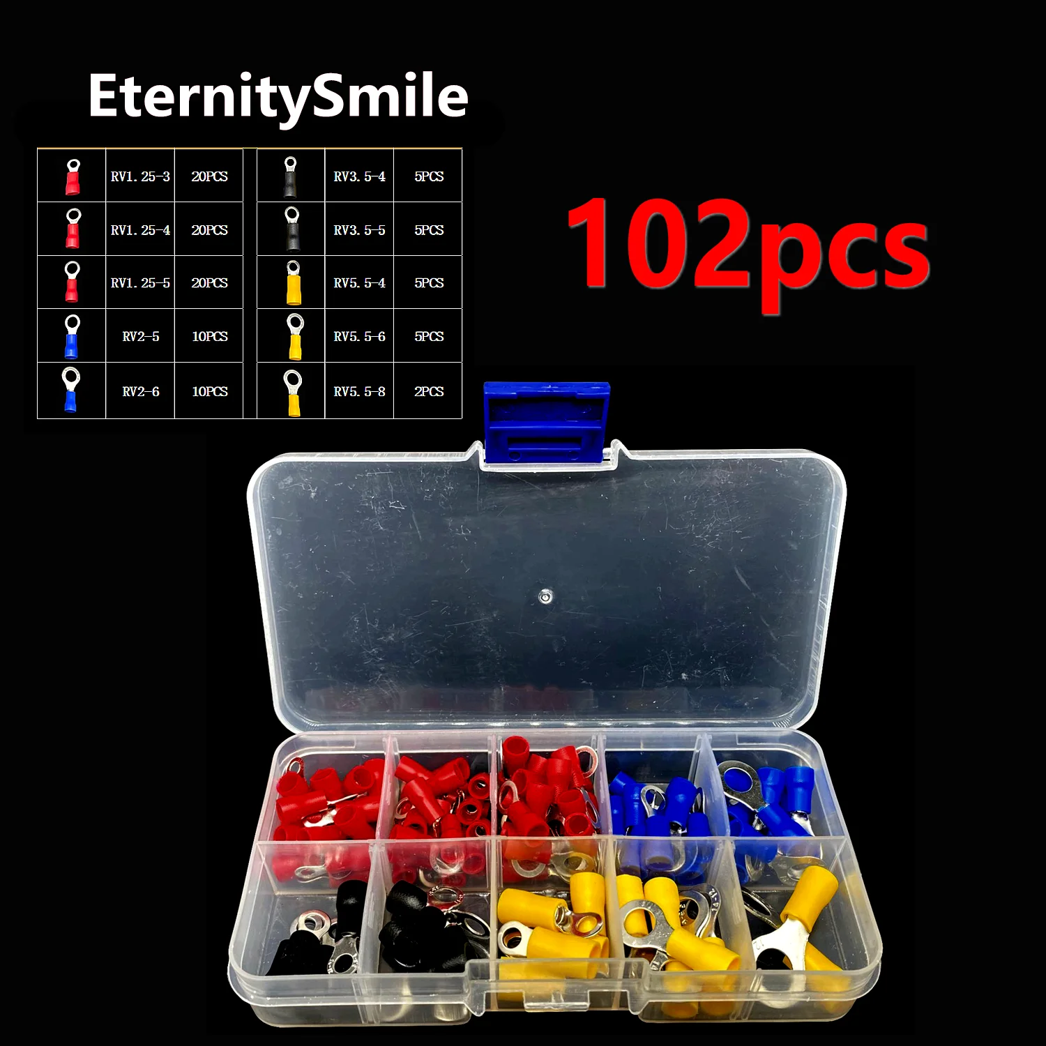 102 Stks/doos 10 Waarden Ring Geïsoleerde Koperdraad Connector Elektrische Crimp Terminal RV1.25-5.5 Kabel Draad Connector Kit