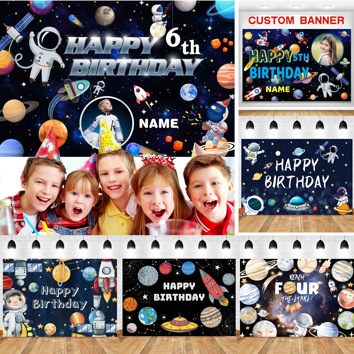 

Cartoon Astronaut Outer Space Planet Background Cloth Decoration Children's Birthday Party Baby Shower Banner Photography Props