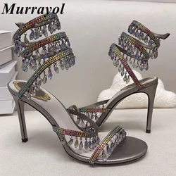 Women Ankle Snake Shaped Strap Entanglement Sandals Tassels Rhinestone Decor Thin High Heels Sandalias Summer Party Dress Shoes