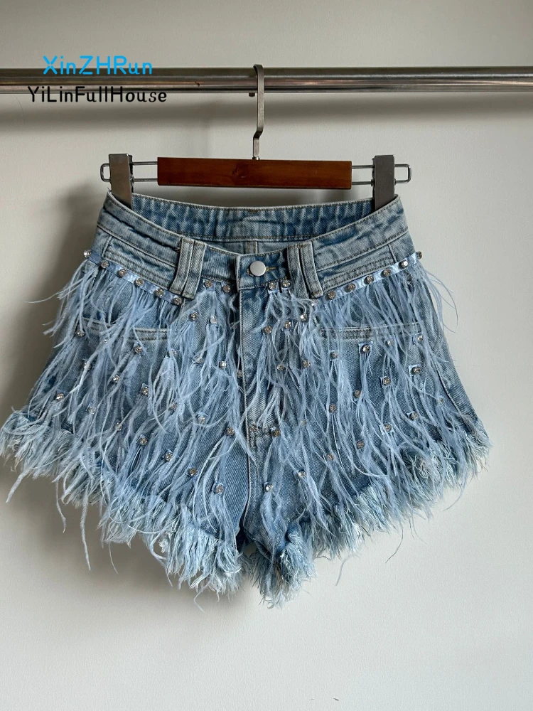 

2024 Summer New Women Fashion Sexy Feather Booking Water Diamond Decoration High Waist A-line Womens Washed 3/4 Denim Mini Short