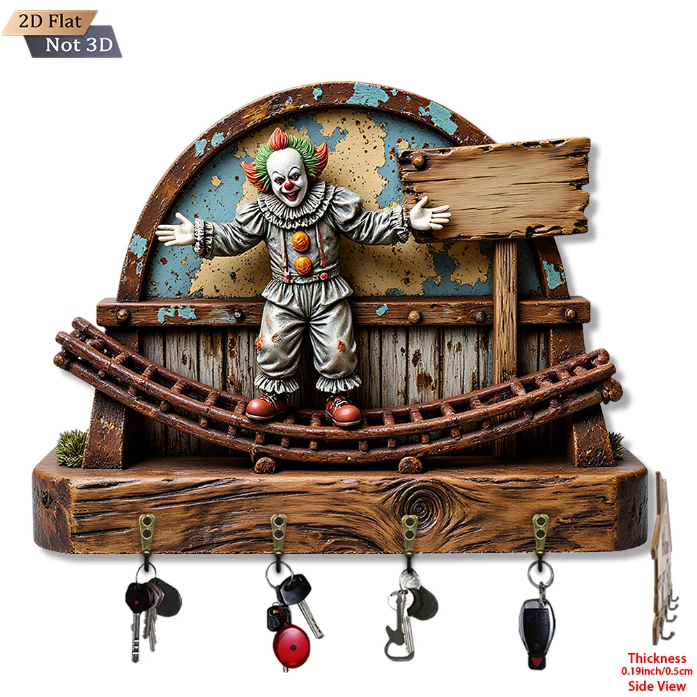 Country Style Clown Pattern 2D Wooden Key Hook Multifunctional Decorative Key Rack With Metal Hooks Wall Decor For Porch Room