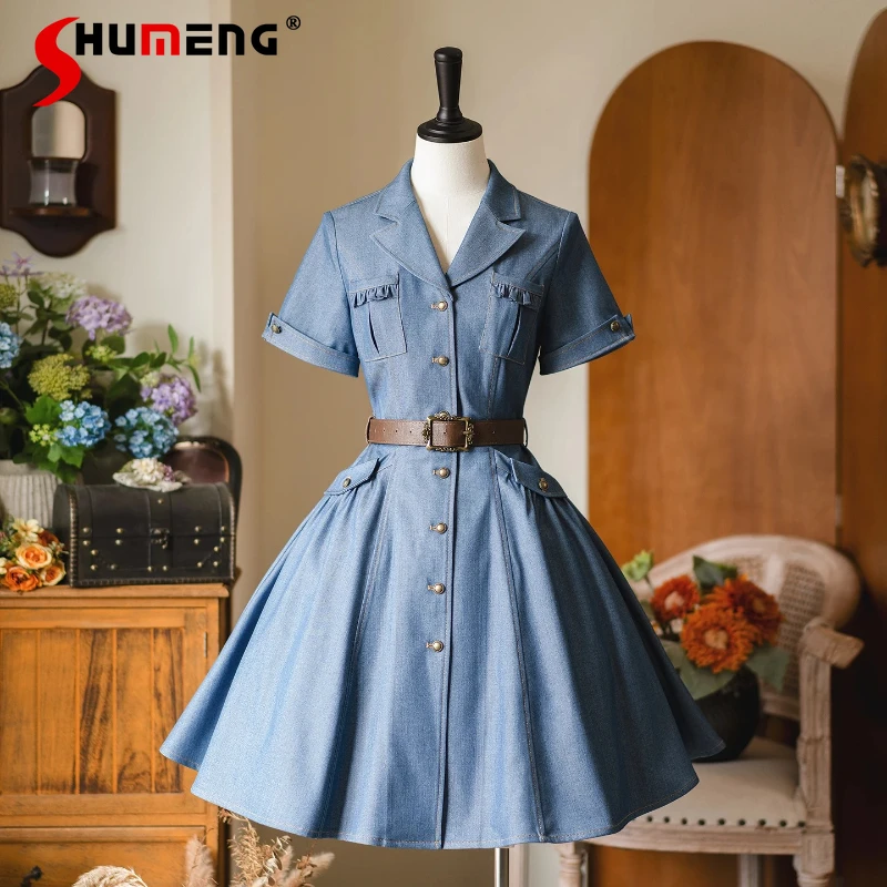 

New American Retro Y2k Style Long-sleeves Single-breasted Denim Dresses 2025 Spring Summer Autumn Open Front Dress Long Vestidos