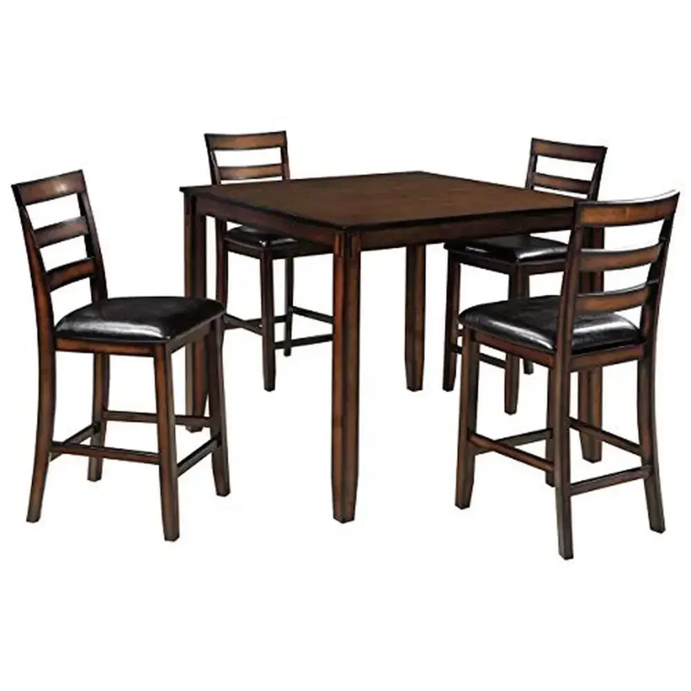 5-Piece Counter Height Dining Set with Table & 4 Barstools Handsomely Crafted Dark Brown Veneer & Faux Leather Upholstery