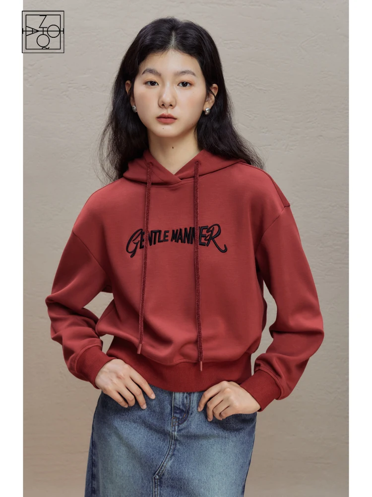 ZIQIAO Simple Retro Air Layer Hooded Sweatshirt for Women 2023 Autumn Winter New Style Red Casual Style Pullover Top Female