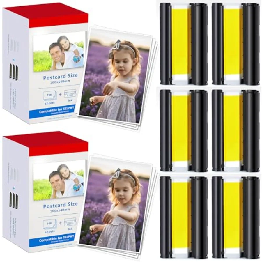 

Compatible with Canon Selphy CP1500 CP1300 CP1000 CP1200 CP910 Ink Photo Paper Set KP108 6 Color Ink Cartridge and 216 Sheets 4