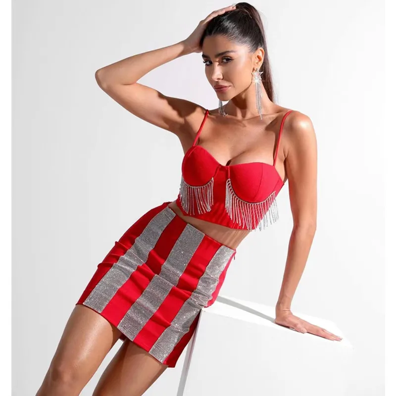 

Red Color Women Sexy Bandage Tops Pencil Skirts Set Diamond Chain Fashion Nightclub Party Wear 2023 New Women's Set