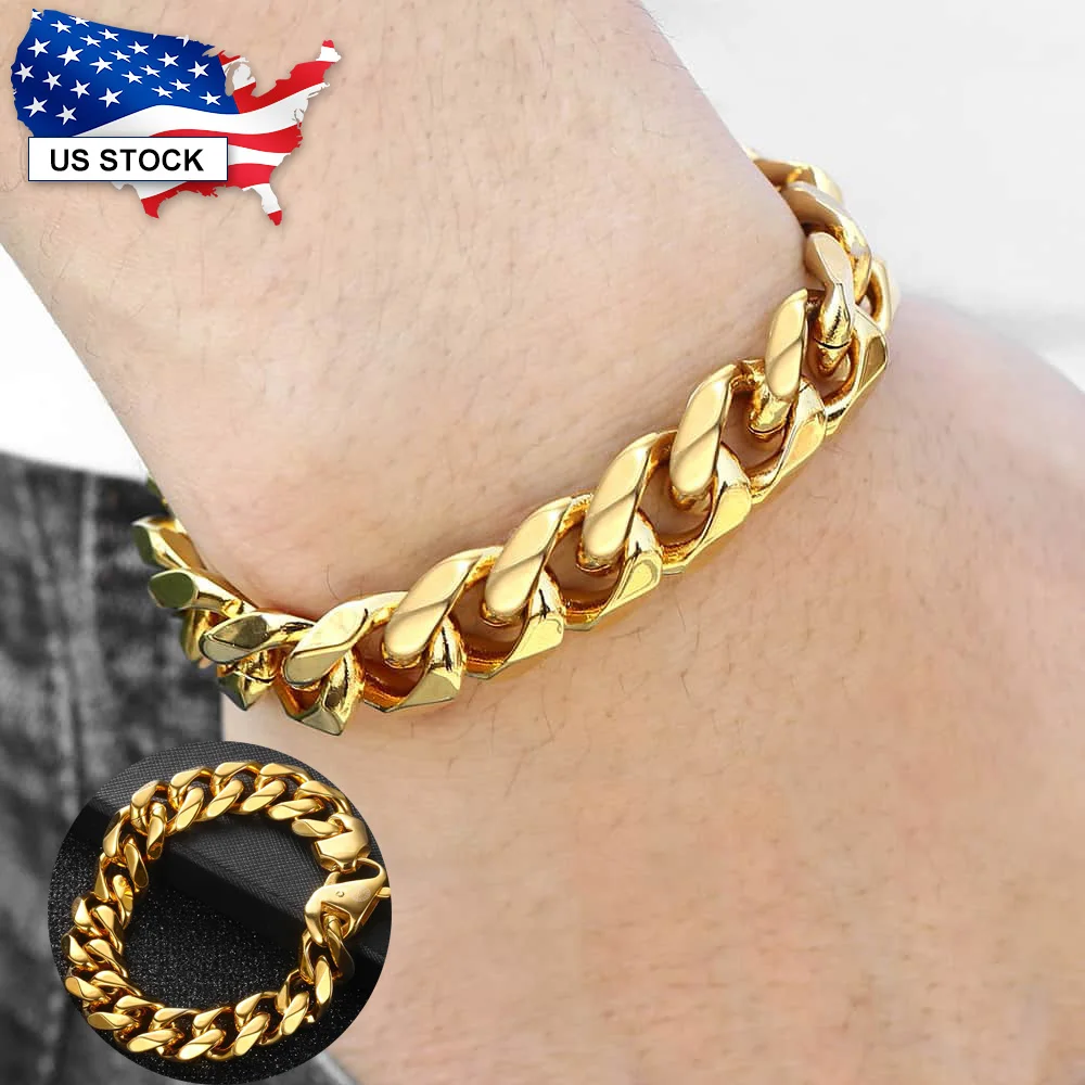 15mm 316L Stainless Steel Bracelet for Men Gold Color Heavy Curb Link Chain Bracelet Jewelry for Male 8-10inch Dropship DHB506