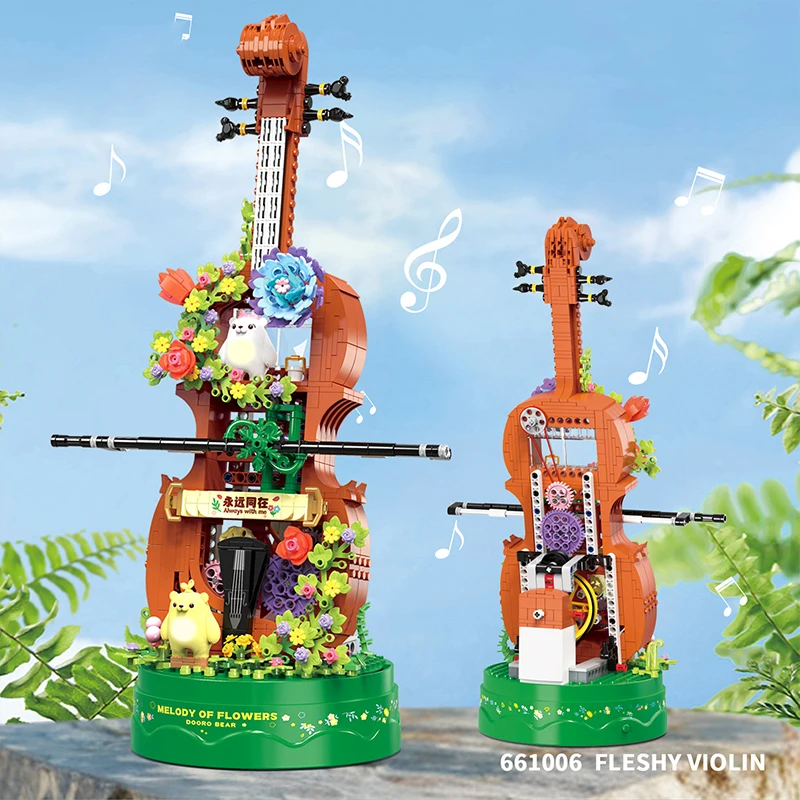 792PCS Succulent Violin Music Box Building Blocks Cute Bear Immortal Flower Model Bricks Set With Light Children Toys Gifts