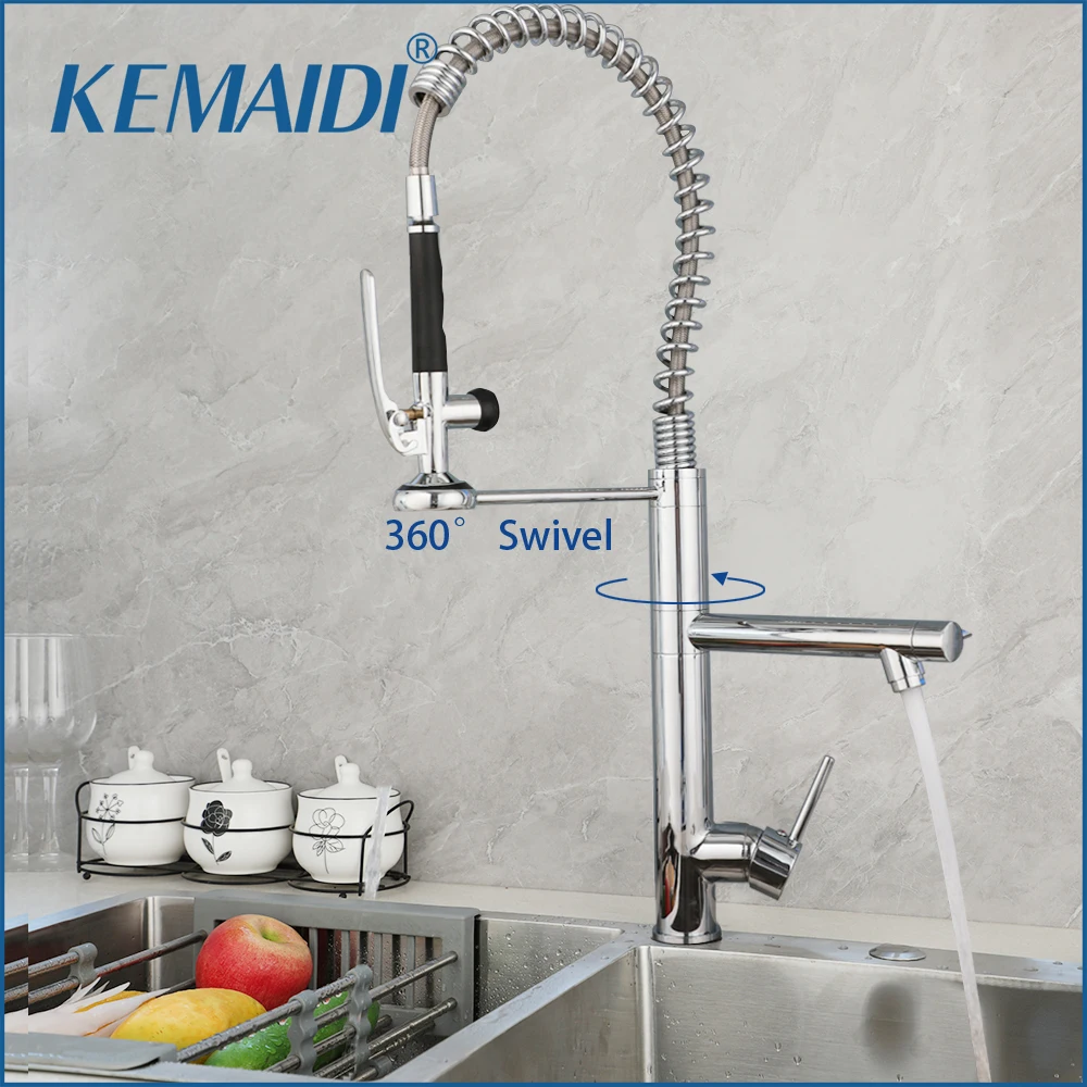 KEMAIDI Brass Kitchen Sink Faucet Spring Pull Down Kitchen Faucets Hot Cold Water Mixer Tap 360 Rotation Crane Tap Chrome/Black