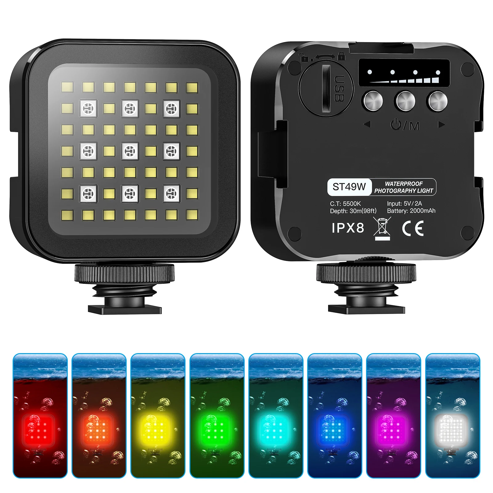 ST49W IPX8 30m Waterproof RGB Video Light with 40 LED Beads & 2000mAh Battery for Underwater Photography Compatible with GoPro