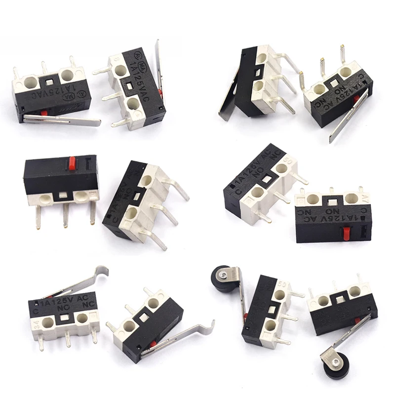 Micro Limit Switch com botão momentâneo, 3 pinos, rolo de punho longo, braço de alavanca, SPDT, 1A, 125V, AC, 12x6x6mm, 10pcs