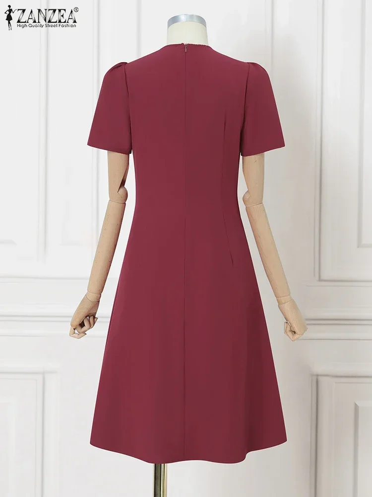 ZANZEA-Vestidos Midi plisados elegantes para mujer, moda 2021, manga corta abombada, cintura ajustada, batas lisas, Vestidos de fiesta acampanados de verano