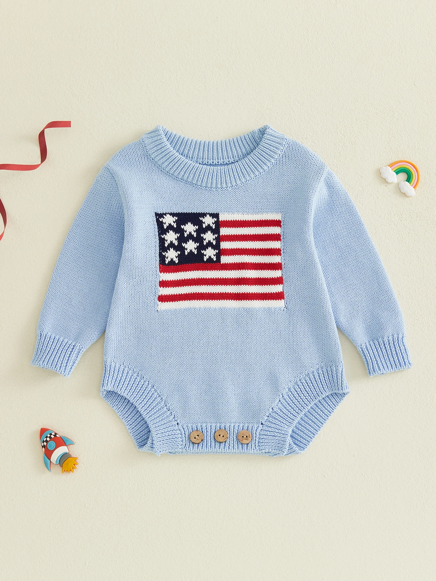 

Уютный комбинезон с принтом флага США на День независимости США для малышей, с круглым вырезом и длинными рукавами