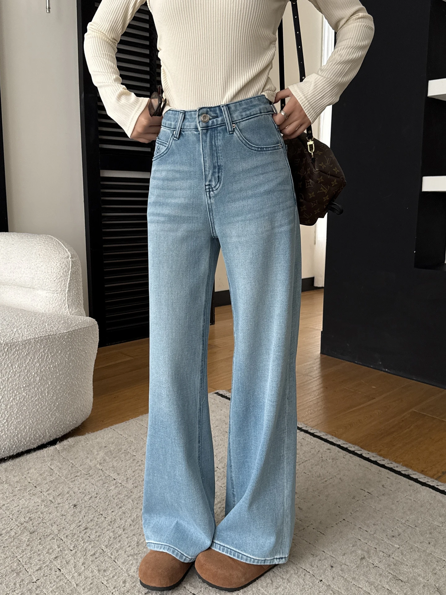 

Slimming High Waist Wide Leg Jeans Women's Loose Fit Floor Length Light Blue Denim Pants Spring Season Casual High Elastici