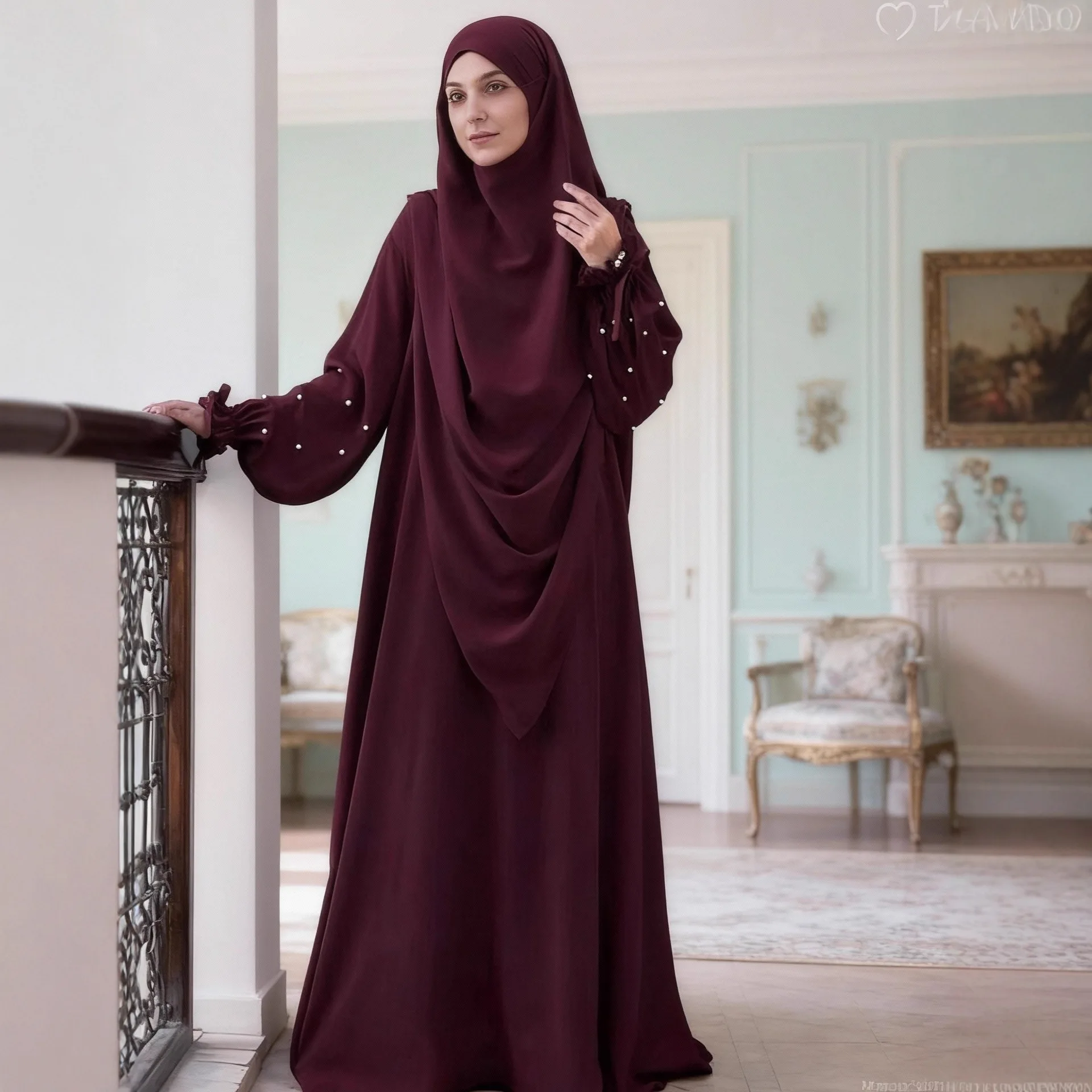 Women Dress with Khimar 2 Piece Set Prayer Garment Pearl Sleeve Party Dress Abaya Eid Muslim Caftan Robe Jalabiya Ramadan Dubai
