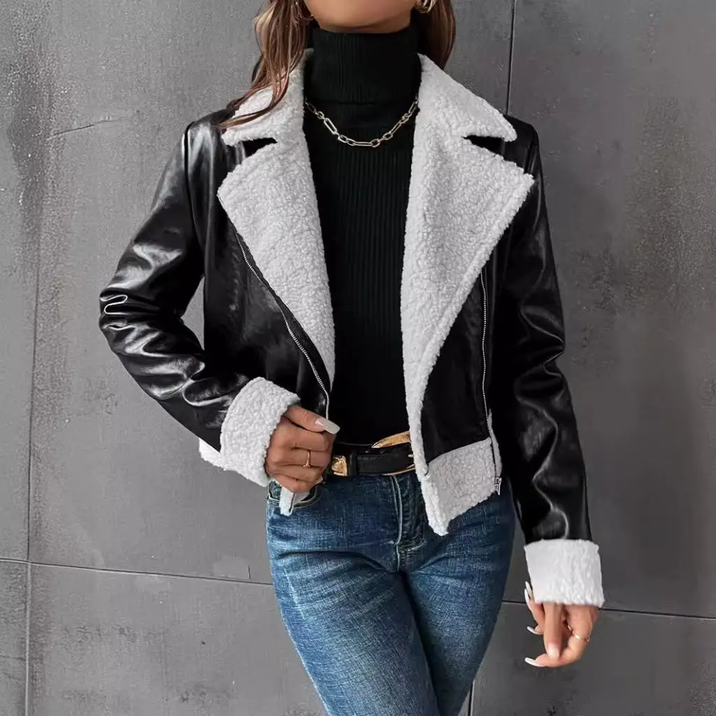 여성용 패션 캐주얼 긴 소매 가죽 재킷 단색 지퍼 플리스 안감 짧은 우아한 봄 가을 재킷