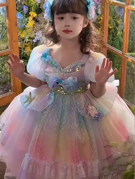 Original Sweet Baby Girls Mermaid Princess Lolita Dress Kids 2026 New Summer Tulle Sequin Bow Puff Sleeve Birthday Party Gown