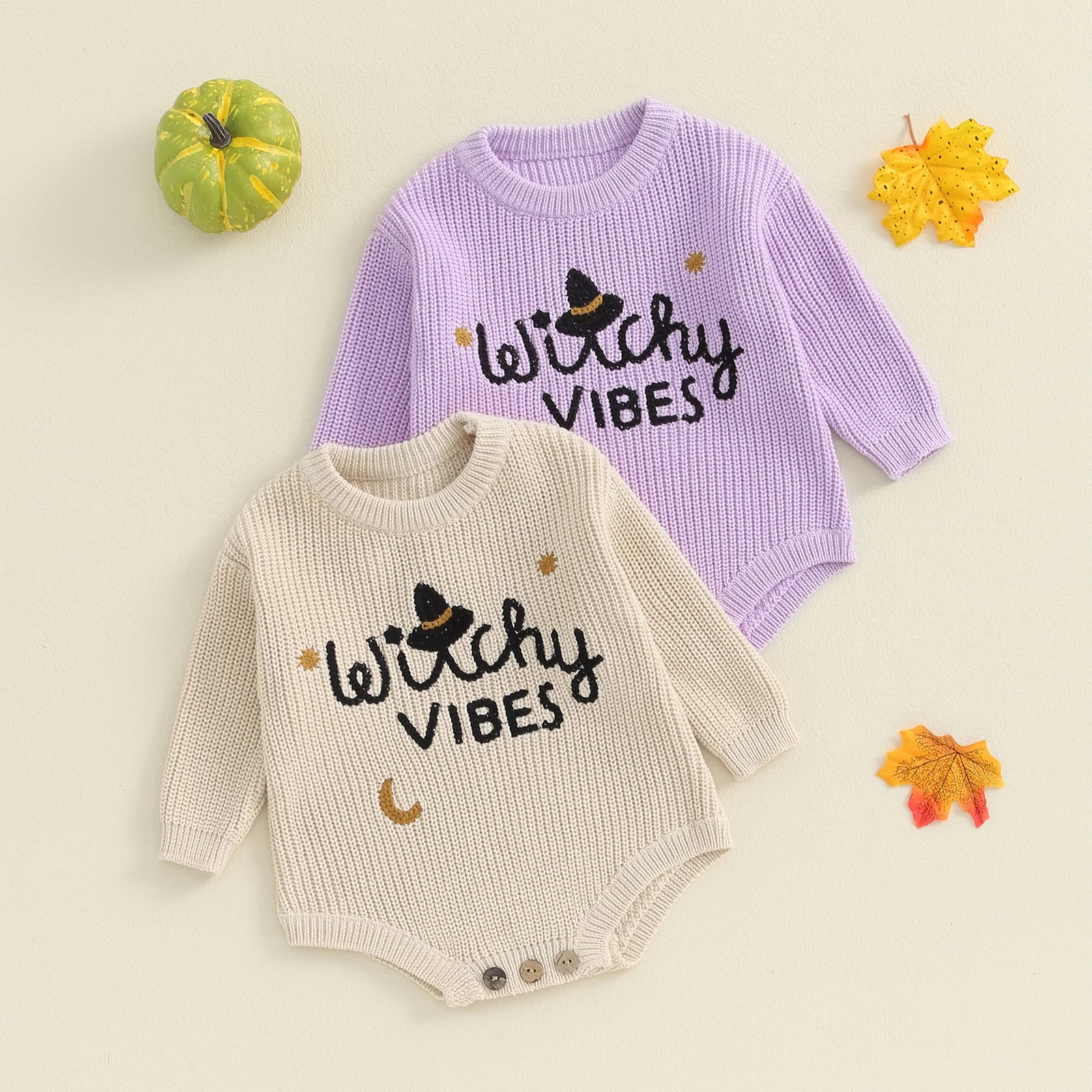 Baby Girls Boys Halloween Clothes Warm Sweater Rompers Letter Witch Hat/Pumpkin Face Embroidery Long Sleeve Bodysuits Knitwear