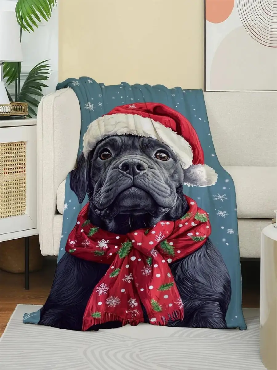 Christmas Bulldog Fleece Blanket with Santa Hat and Snowflake Scarf Design Soft Cozy Throw for Winter Holiday Pet Lovers Gift