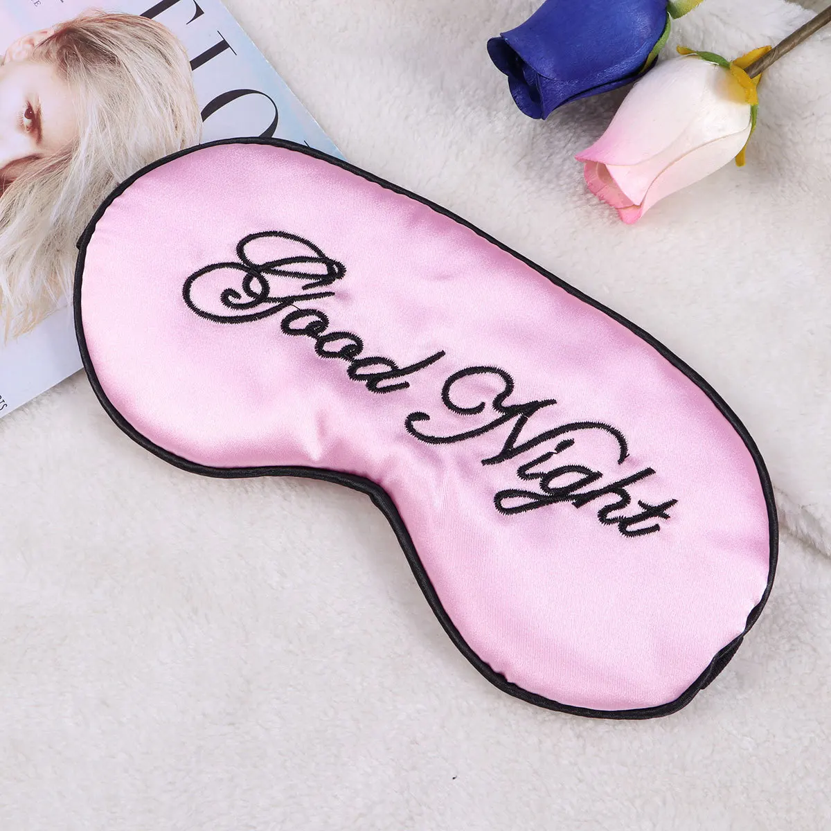 Silk Sleep Eye Mask Large Embroidery Night Blindfold Adjustable Strap for Travel Home Office Soft Eye Patch Sleep Blindfold