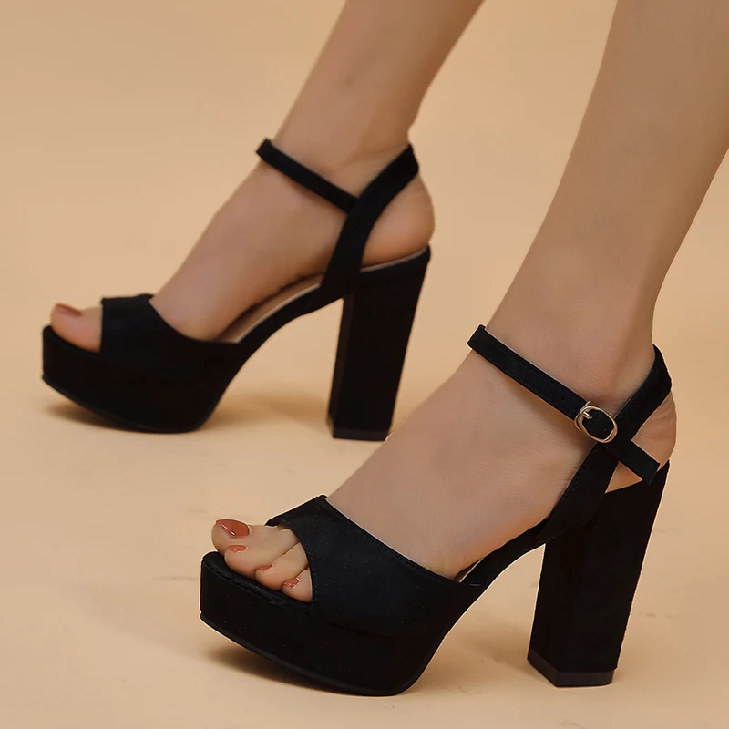 Lucyever 2024 Summer Black High Heel Sandals Woman Flock Platform Heeled Sandals for Women Ankle Strap Peep Toe Pumps Ladies